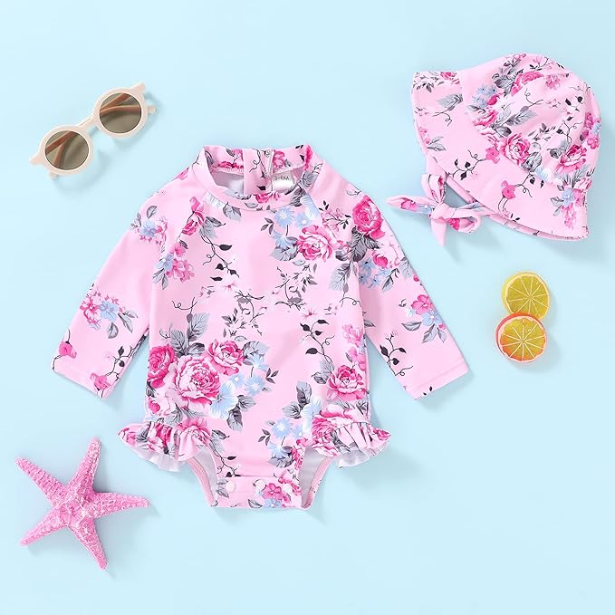 Infant Baby Girl Swimsuit One-Piece Long Sleeve Rash Guard - Image 2