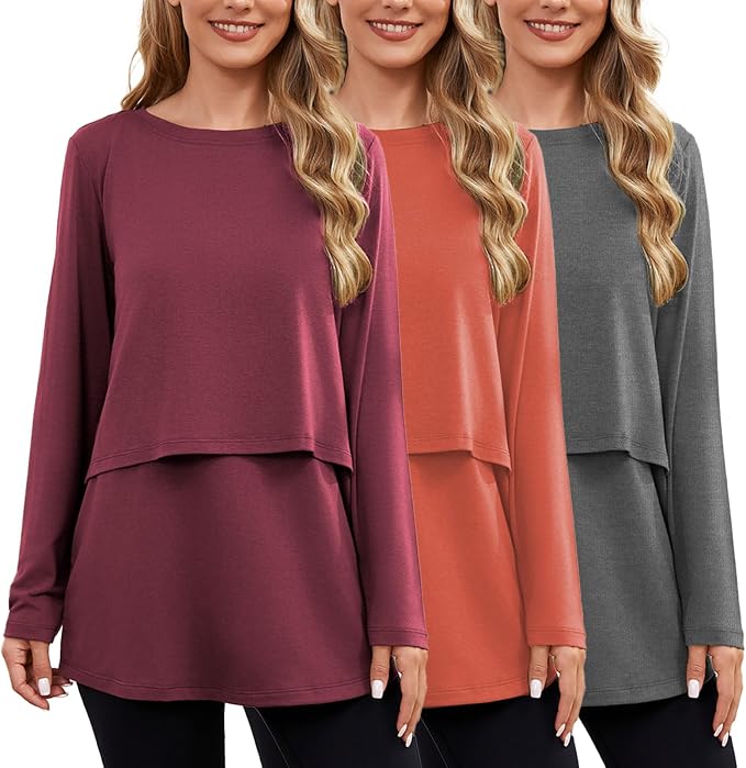 Ecavus Women's 3Pack Maternity Nursing Shirts Long Sleeve Double Layer by Ecavus