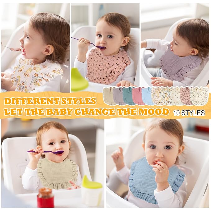 Mepase 10 Pcs Large Muslin Baby Girl Bibs Drool Teething Bibs Lap Shoulder - Image 5