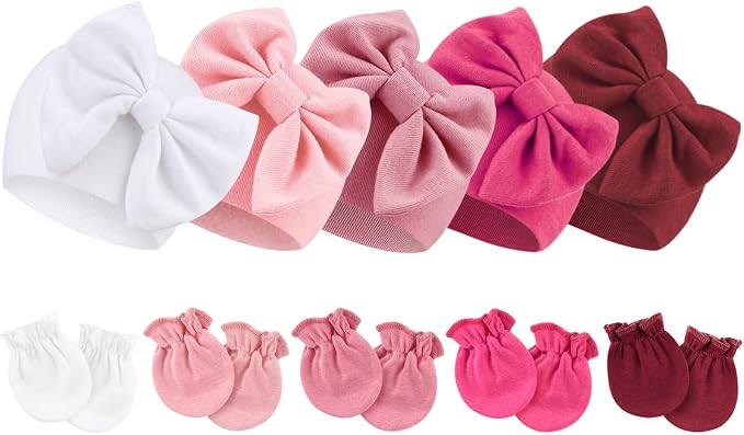 BQUBO Newborn Baby Girls Hats Mittens Set Hospital Hat Beanie Infant Bow Hats by DRESHOW