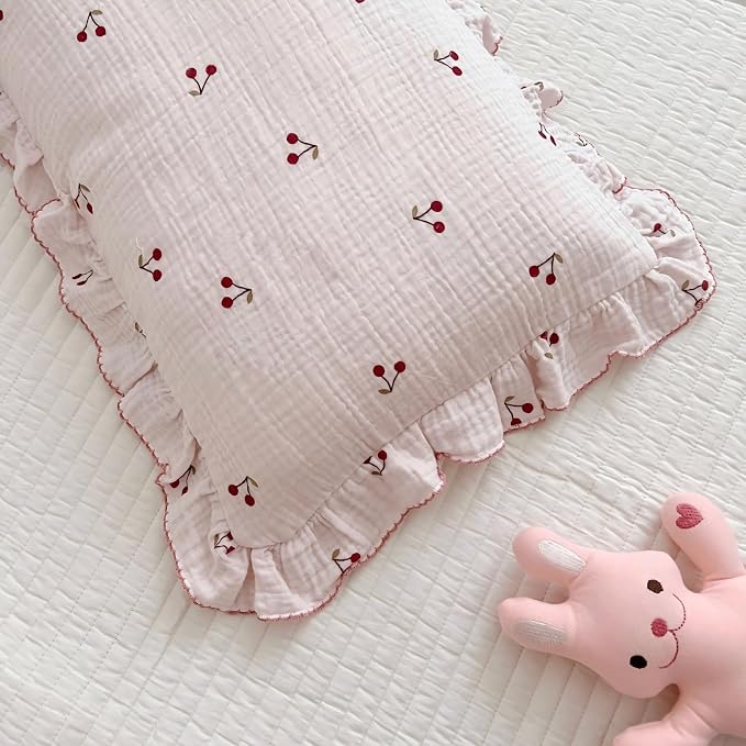 BuLuTu Cotton Muslin Kids Toddler Pillowcase Cherry Pattern, Soft Travel Pillow - Image 4