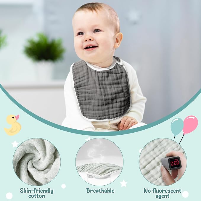 Zainpe 6Pcs Snap Muslin Cotton Baby Bibs White Grey Infants Drooling Bib Soft & - Image 4