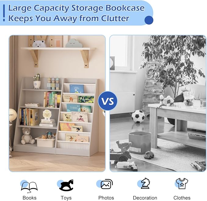 Gray Kids Bookshelf for Nursery Toddler Baby Sling Book Rack Adjustable Shelf - Image 8