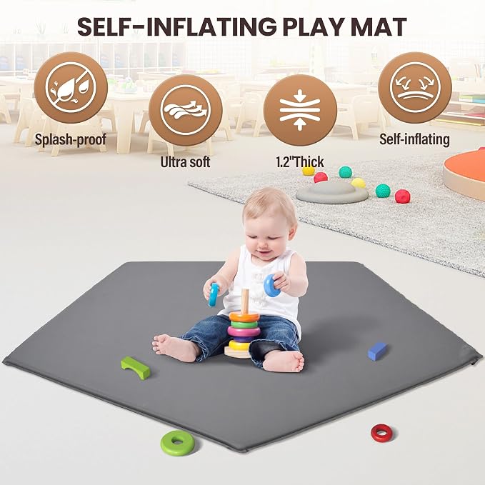 Baby Playpen with Self-Inflating Play Mat & Travel Bag, Portable Outdoor Playpen - Image 3