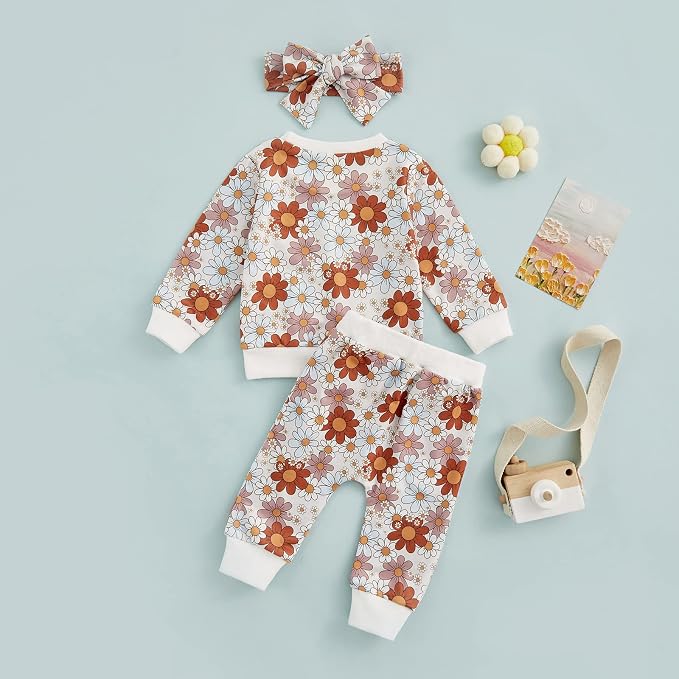 3Pcs Baby Girl Outfits Daisy Sweatshirt + Pants + Headband Infant Fall Winter - Image 7