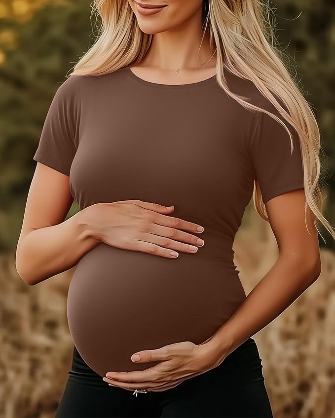 Huukeay 4 Pack Women's Maternity Shirts, Crew Neck Maternity Top Short Sleeve - Image 3