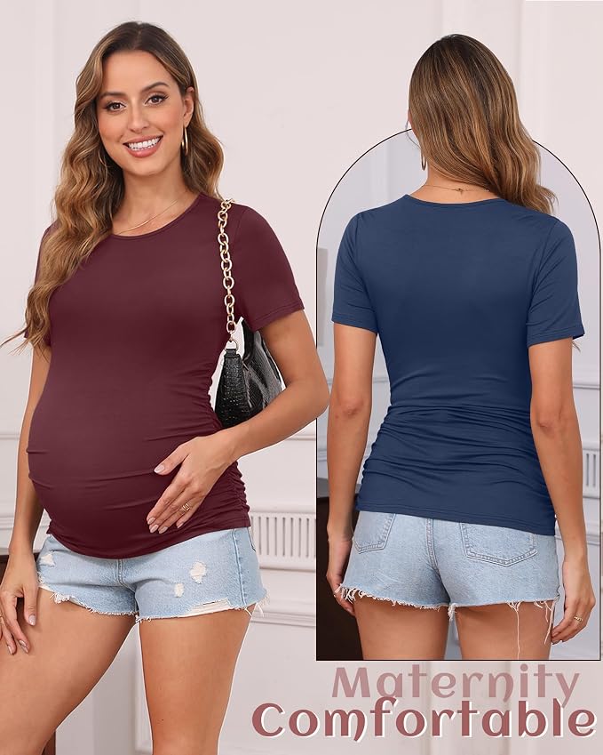 Huukeay 4 Pack Women's Maternity Shirts, Crew Neck Maternity Top Short Sleeve - Image 2