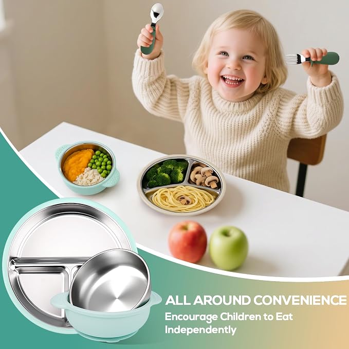 Mity rain Stainless Steel & Silicone Toddler Plates and Bowls Set - Image 7