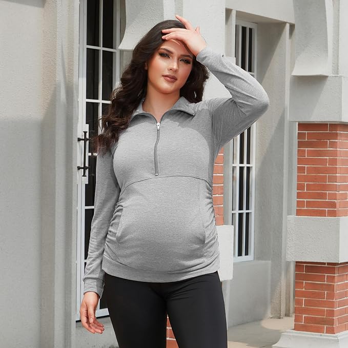 GINKANA Maternity Women's Long Sleeve Shirt Half Zipper Lapel Lightweight - Image 4