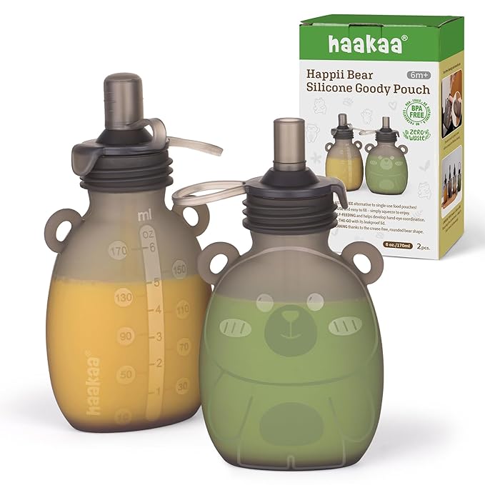 haakaa Happii Bear Silicone Goody Pouch, Reusable Baby Food Pouches by haakaa