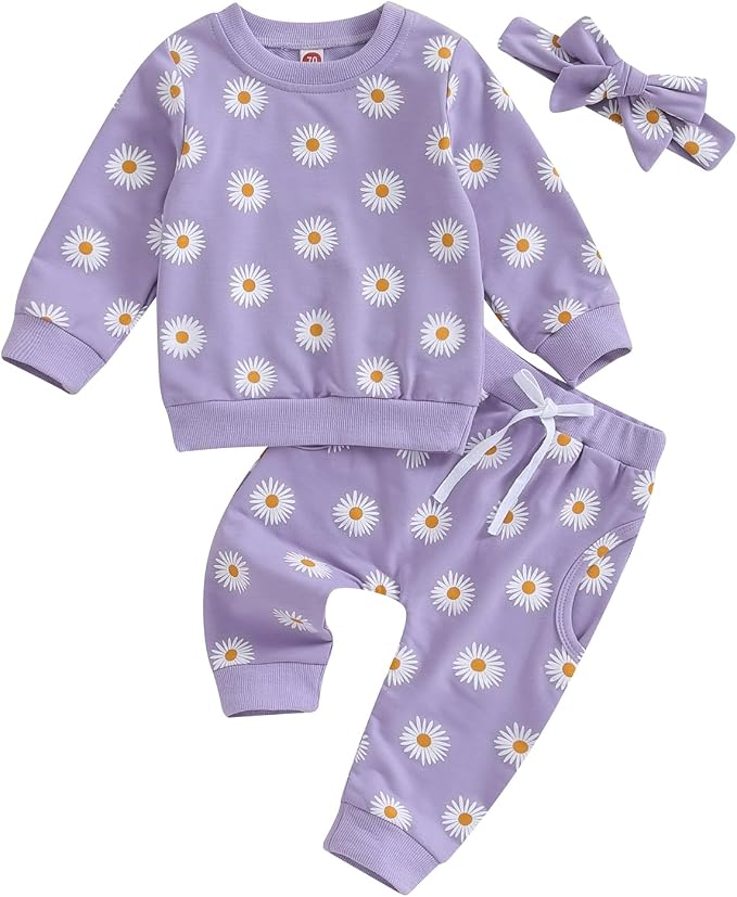 3Pcs Baby Girl Outfits Daisy Sweatshirt + Pants + Headband Infant Fall Winter by CIYCUIT