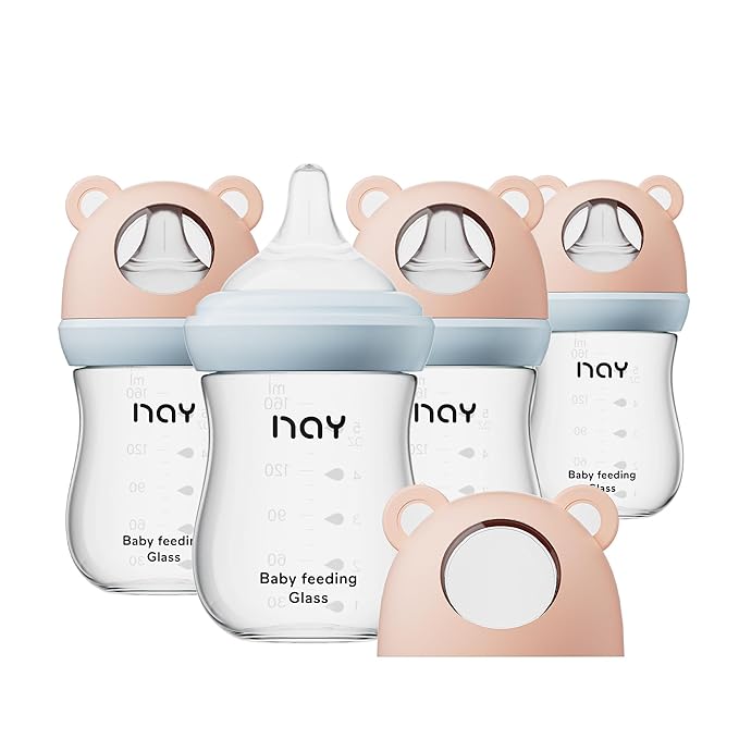 Natural Glass Baby Bottle for Breastfeeding Babies, 5.4oz Anti-Colic Baby Bottle by yanyoyo