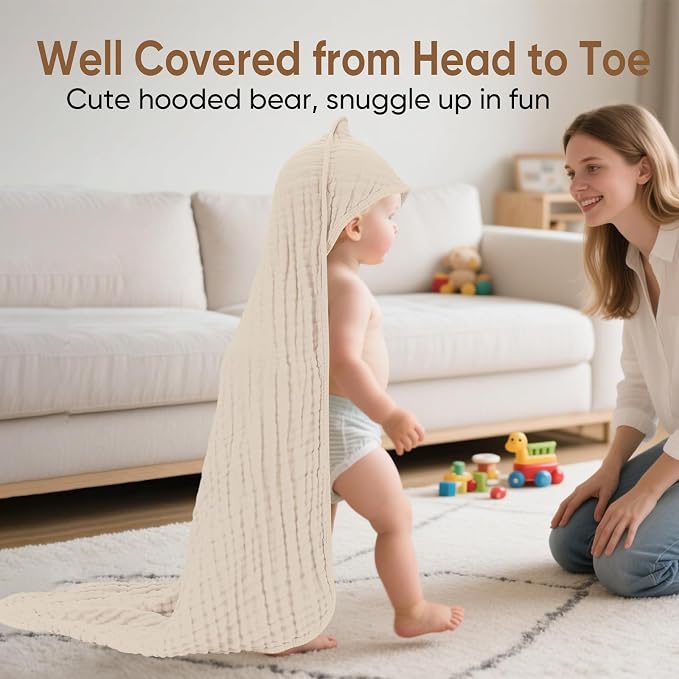 Muslin Hooded Baby Towels 100% Cotton ，Super Soft Muslin Baby Bath Towel - Image 4