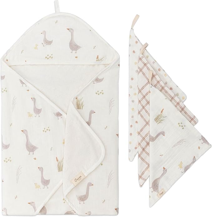 Crane Baby Hooded Towel & Washcloth Set, Charlie Farmhouse Goose Hooded Baby by CraneBaby