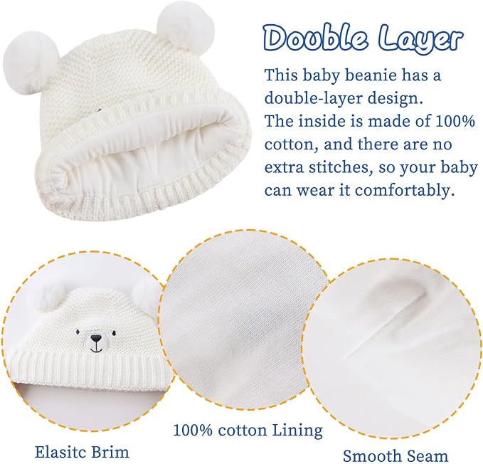 JANGANNSA Cute Bear Baby Beanie Pompom Baby Boys Hat Infant Toddler Winter - Image 4