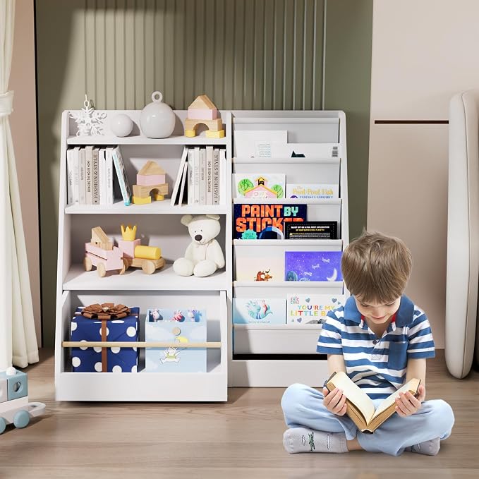 Kids Bookshelf with Toy Storage Organizer Movable Drawer, Toddler Bookcase 5 - Image 7