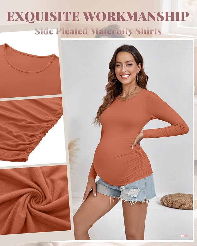 Ficerd 3 Pack Women's Maternity Shirts, Long Sleeve Side Ruched Pregnancy Tee - Image 6