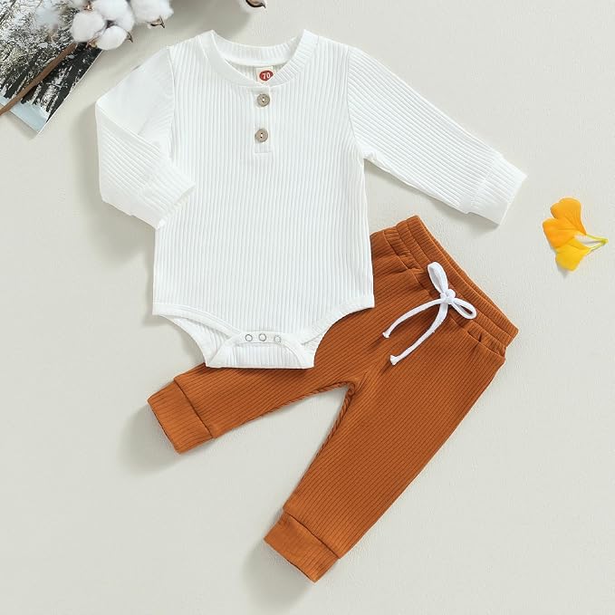 Newborn Baby Boy Girl Clothes Ribbed Knitted Long Sleeve Romper Pants Solid - Image 2