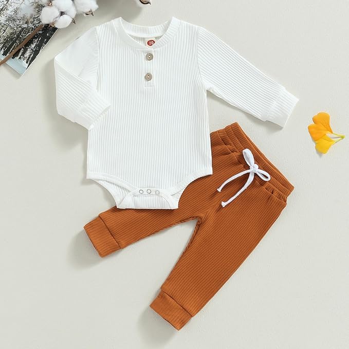 Newborn Baby Boy Girl Clothes Ribbed Knitted Long Sleeve Romper Pants Solid - Image 2