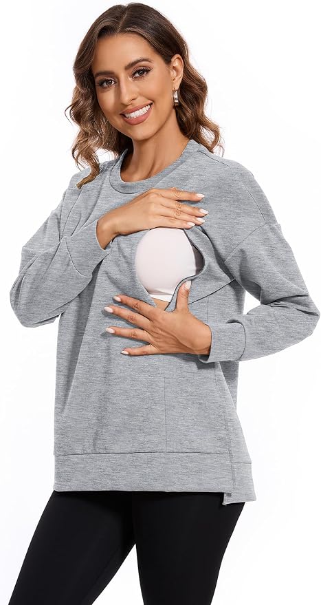 Smallshow Women's Nursing Tops Sweatshirt Long Sleeve Side Split Breastfeeding - Image 2