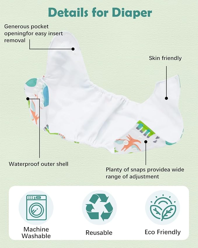 babygoal Dinosaur Cloth Diapers Pack of 13, Baby Reusable Washable Pocket Nappy - Image 3