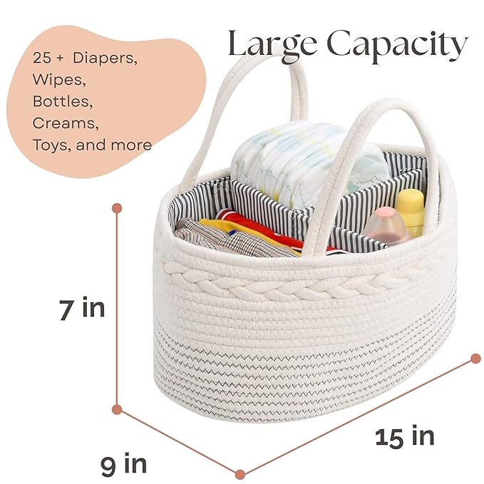 luxury little Diaper Caddy Organizer, Large Cotton Rope Nursery Baby Basket - Image 3