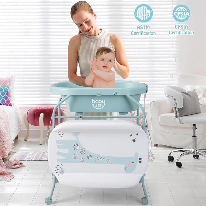 BABY JOY Baby Bathtub with Changing Table, Foldable Infant Diaper Changing - Image 8