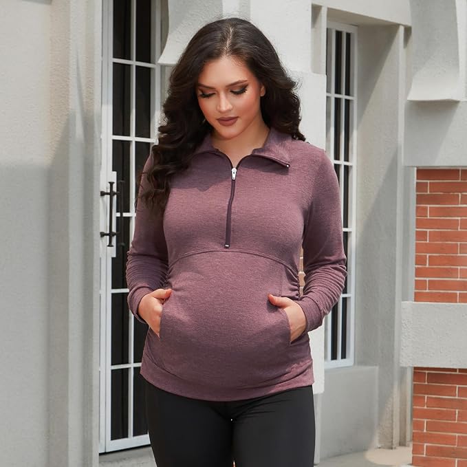 GINKANA Maternity Women's Long Sleeve Shirt Half Zipper Lapel Lightweight - Image 5