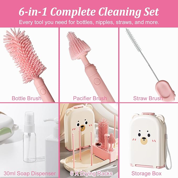 Pink Travel Baby Bottle Cleaner Kit – 6-in-1 Portable Brush Set - Image 3