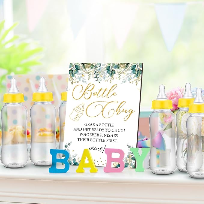 TrelaCo Greenery Cool Baby Shower Games Bottle Chug Sign Wooden Neutral - Image 2