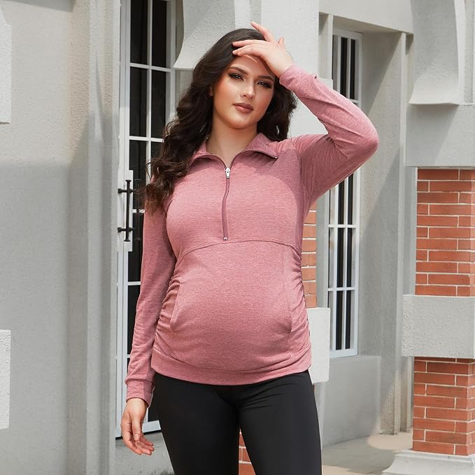 GINKANA Maternity Women's Long Sleeve Shirt Half Zipper Lapel Lightweight - Image 4
