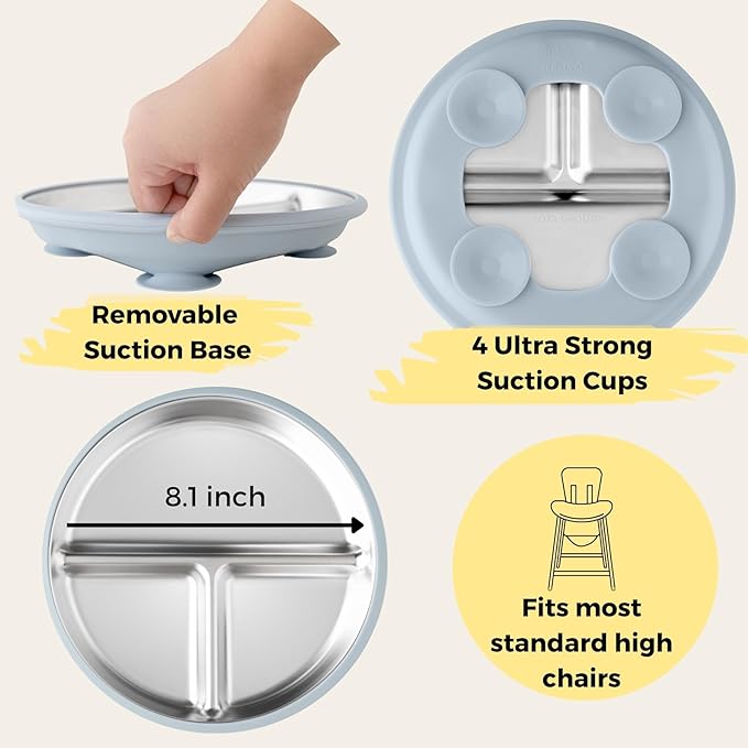 Stainless Steel Toddler Feeding Set 4 Pieces – Suction Plate, Silicone Bib - Image 3
