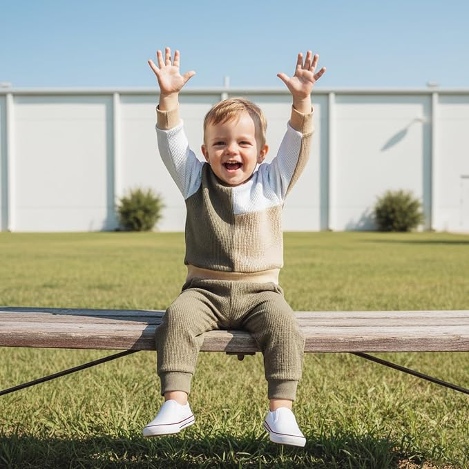 Toddler Baby Boy Fall Clothes Waffle Outfit Long Sleeve Color Blocking - Image 3