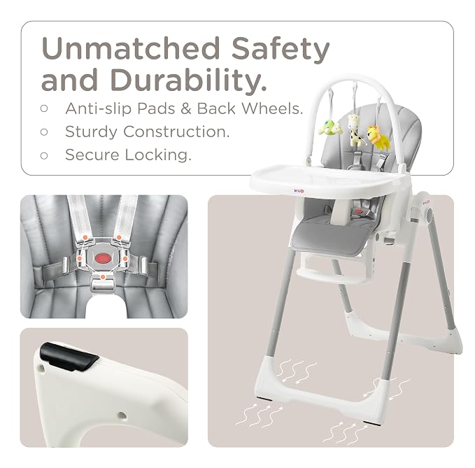 KÜB 3-in-1 Foldable Baby High Chair, 7 Height & 4 Recline Adjustable Seat & Tray - Image 4