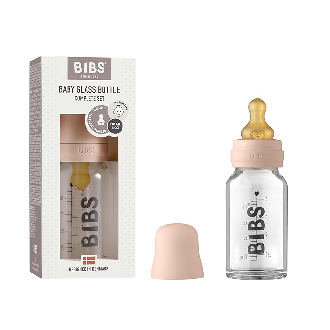 BIBS Baby Glass Bottle Complete Set 110 ml | BPA Free Natural Rubber | Made in by BIBS