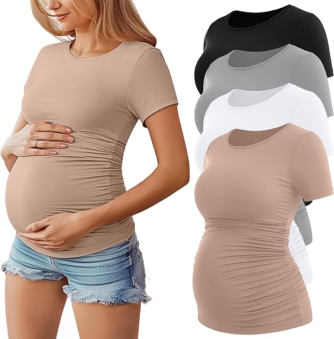 Huukeay 4 Pack Women's Maternity Shirts, Crew Neck Maternity Top Short Sleeve by Huukeay
