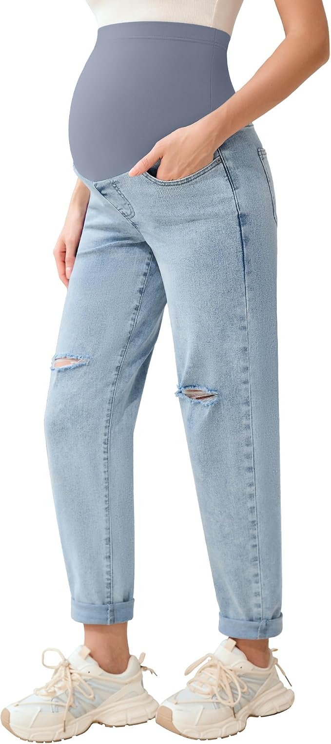 POSHGLAM Women's Maternity Jeans Over Belly Comfy Stretch 28'' Boyfriend Jeans by POSHGLAM