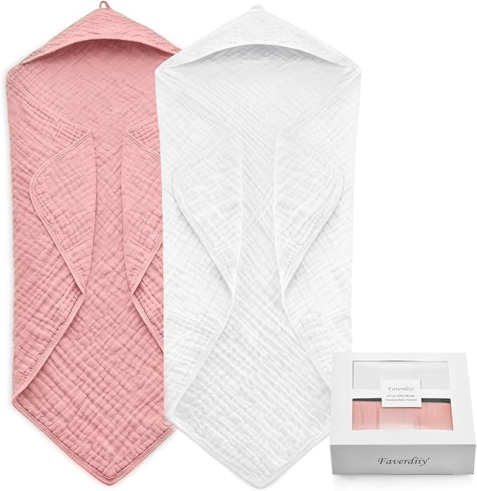 35x35 Inch 2 Pack 100% Muslin Cotton Baby Bath Towel, Hooded Baby Towels by EveryNewMothersChoice