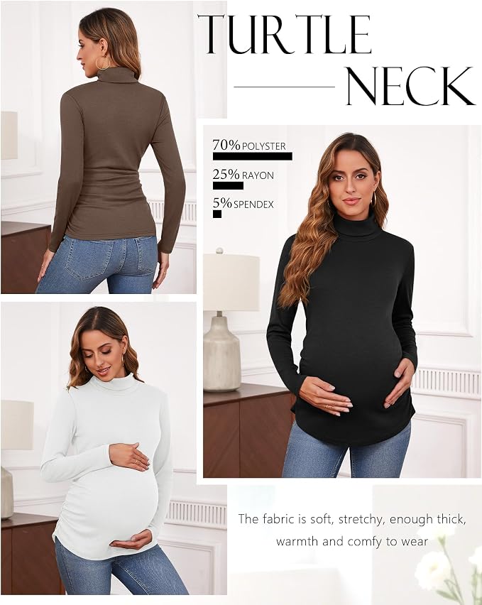 Ficerd 3 Pack Women's Maternity Shirts, Turtleneck Long Sleeve Pregnancy Tops - Image 3