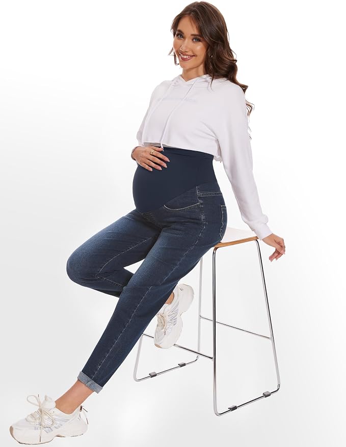 POSHGLAM Women's Maternity Jeans Over Belly Comfy Stretch 28'' Boyfriend Jeans - Image 4