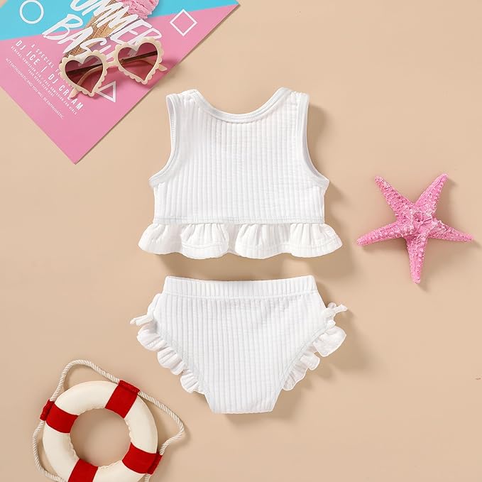 HAPPYMA Baby Swimsuit Toddler Girl Bathing Suit Summer Solid Color Bikini Set - Image 3