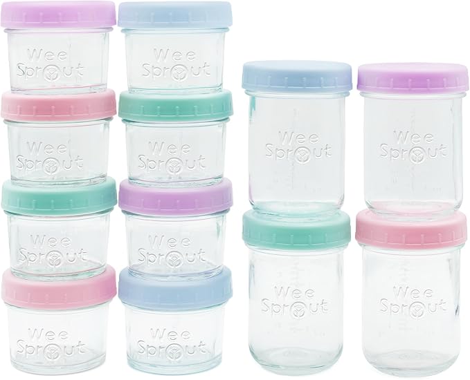 WeeSprout Baby Food Storage Glass Jars w/Lids Pastel Variety, Reusable Small by WeeSprout