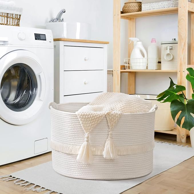 67L Large Blanket Basket, Cotton Rope Blanket Basket Living Room, Baby Laundry - Image 2