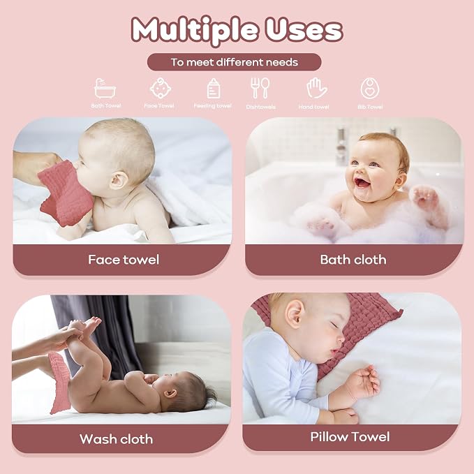 Yoofoss Muslin Baby Washcloths 100% Organic Cotton Face Towels 10 Pack Wash - Image 3
