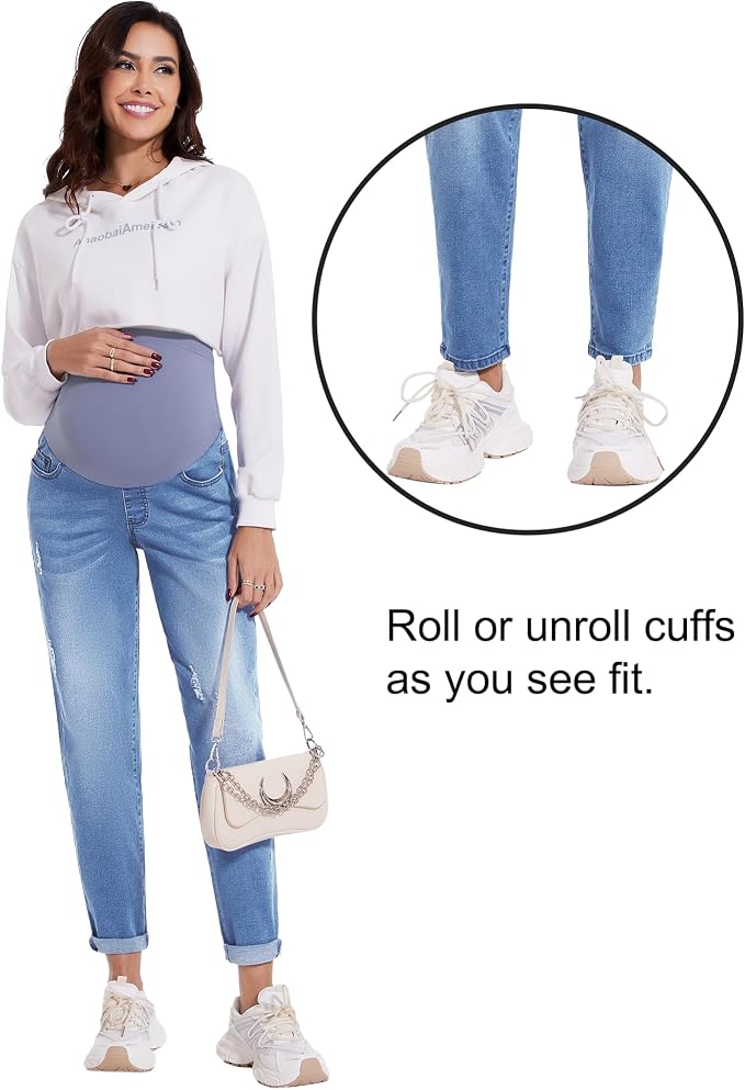 POSHGLAM Women's Maternity Jeans Over Belly Comfy Stretch 28'' Boyfriend Jeans - Image 3