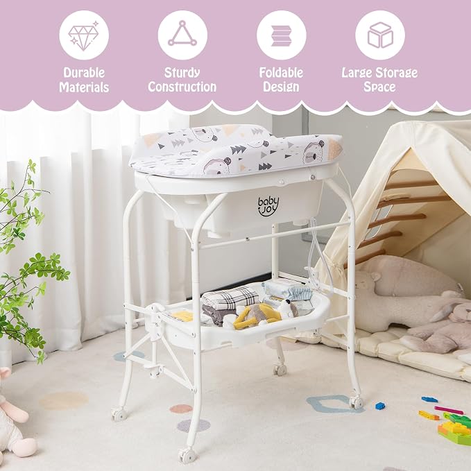 BABY JOY Baby Bathtub with Changing Table, Foldable Infant Diaper Changing - Image 9
