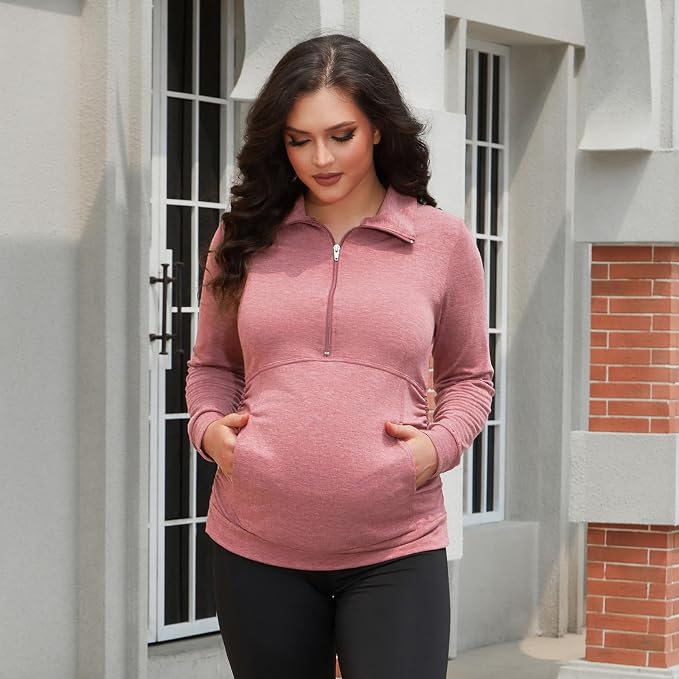 GINKANA Maternity Women's Long Sleeve Shirt Half Zipper Lapel Lightweight - Image 3