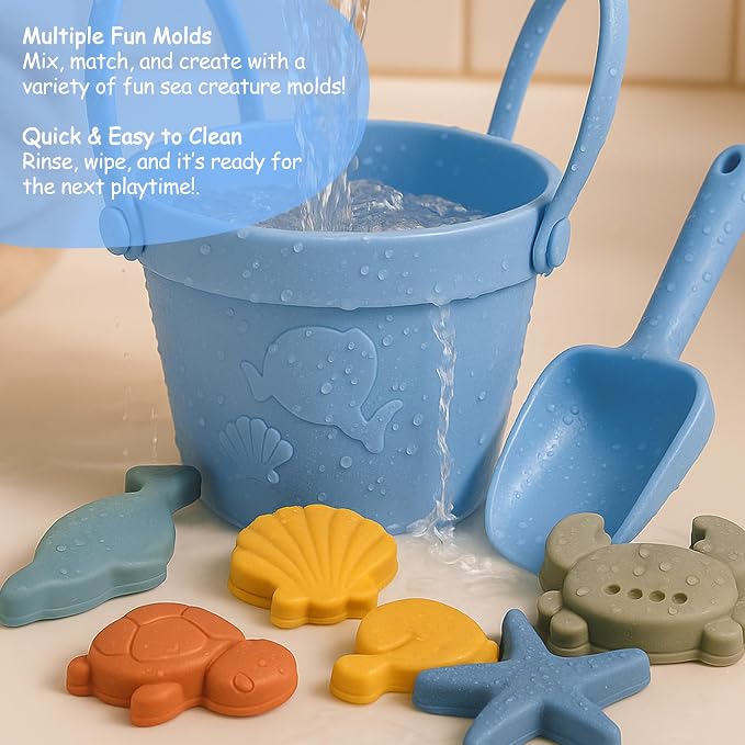 Baby Beach Toys for Toddlers 1-3, Collapsible Silicone Beach Bucket Shovel Set - Image 6
