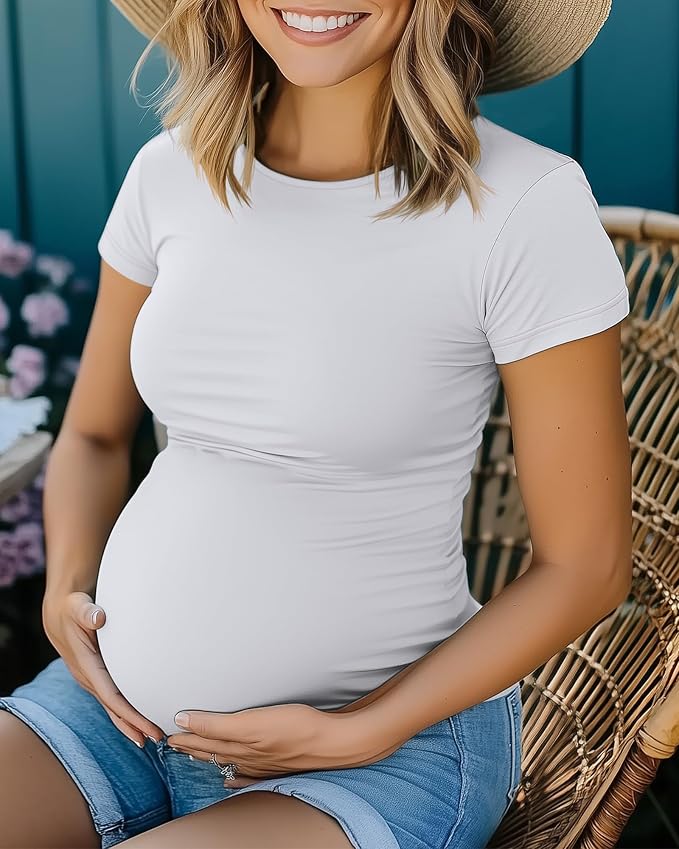 Huukeay 4 Pack Women's Maternity Shirts, Crew Neck Maternity Top Short Sleeve - Image 5
