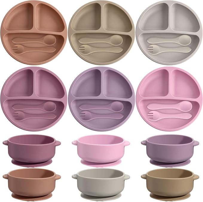 Dandat 24 Pcs Silicone Baby Feeding Set, 6 Baby Toddler Suction Bowls 6 Divided by Dandat